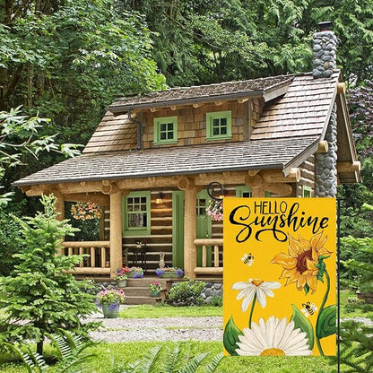AVOIN colorlife Daisy Sunflower Hello Sunshine Garden Flag 12x18 Inch Double Sided, Summer Seasonal Holiday Burlap Yard Outdoor Decoration Yellow