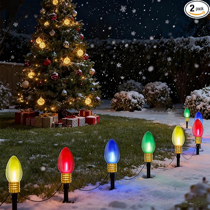 Jumbo Outdoor Christmas Lights Pathway, 2 Pack 7 Ft Jumbo C9 LED Christmas Pathway Lights Outdoor with Marker Stakes, 8 Multicolor Bulbs Holiday Pathway Lights for Lawn Yard Decor