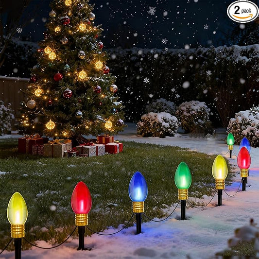 Jumbo Outdoor Christmas Lights Pathway, 2 Pack 7 Ft Jumbo C9 LED Christmas Pathway Lights Outdoor with Marker Stakes, 8 Multicolor Bulbs Holiday Pathway Lights for Lawn Yard Decor