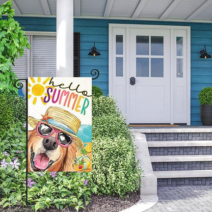 Hello Summer Garden Flags for Outside, Dog with Sunglass Beach Sun Hat Yard Decoration, Small Seasonal Outdoor Decor for Spring Farmhouse Holiday,12x18 Inch Double Sided