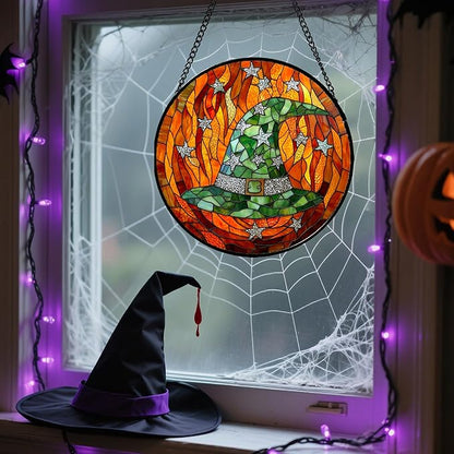 Stained Glass Window Hanging - Halloween Decorations Witch Hat Suncatcher for Doors Garden Indoor Spooky Funny Green Sun Catchers Gothic Decor Horror Gifts for Women Men Friend 9.8 in