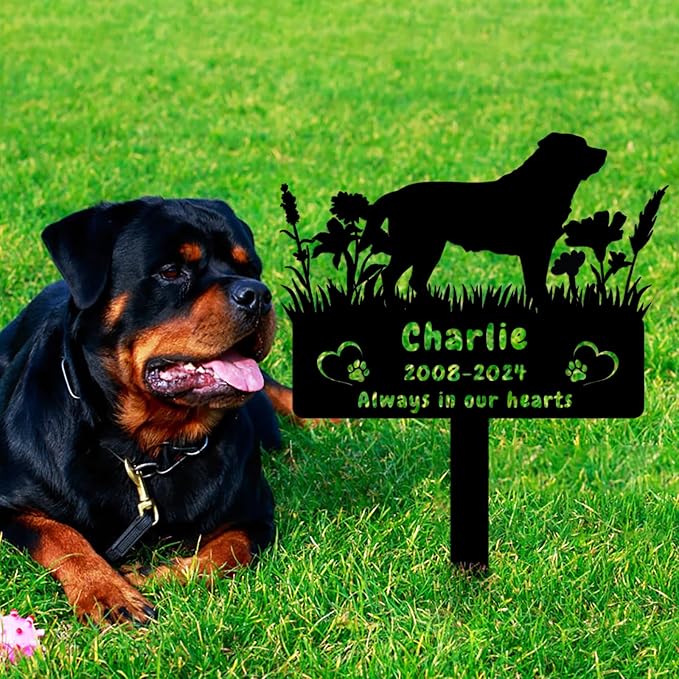 Custom Rottweiler Dog Memorial Grave Marker,Personalized Pet Dog Memorial Garden Stake,Flora Dog Memorial Plaque Burial Stake Engraved Sign,Dog Sympathy Grave Stake,Dog Statue Headstone