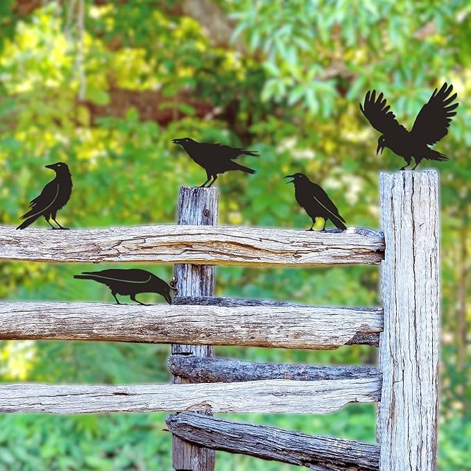 Raven Crow Fence Topper Decor, Metal Garden Birds Black Silhouette Statue, Halloween Witchy Gothic Ornament for Yard Fence, Fake Crow Home Garden Decoration (Rustic)