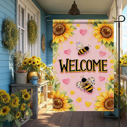 IVN Spring Summer Garden Flag 12x18 Inch – Welcome Sunflower Bee Outdoor Flag, Double Sided Burlap Farmhouse Yard Flag for Porch Lawn Patio Seasonal Home Decor