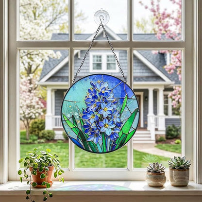 Stained Glass Window Hanging, Hyacinth Suncatcher 7.8 in Sun Catcher Glass Panel Boho Wall Art Decor with Chain Diamond Glass Panel Hangings Scenery Sun Catchers Decor for Lover Couple Mom
