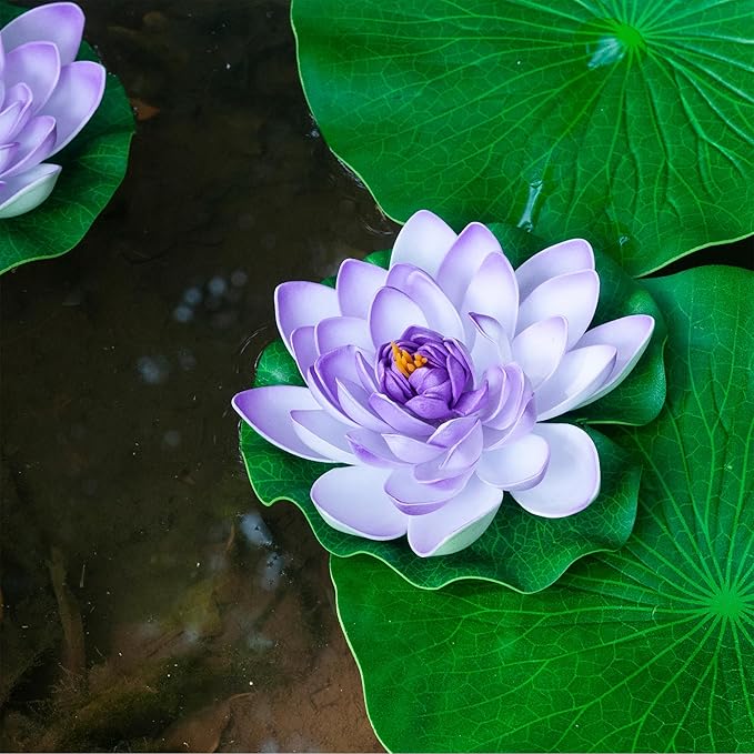 Fake Lily Pads, 10 PCS Artificial Lotus with Water Lily Pad, Realistic Water Floating Foam Lotuses Pads, Purple Artificial Floating Lotus Decor with Pad for Home Outdoor Ponds