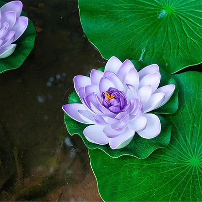 Fake Lily Pads, 10 PCS Artificial Lotus with Water Lily Pad, Realistic Water Floating Foam Lotuses Pads, Purple Artificial Floating Lotus Decor with Pad for Home Outdoor Ponds