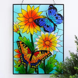 VinSees Large 15 * 11 Inch Butterfly Stained Glass Windows Hanging, Glass Panel and Metal Chains,Large Size Sun Catchers for Windows Hanging. Butterfly Wall Decorations for Balcony or Yard.
