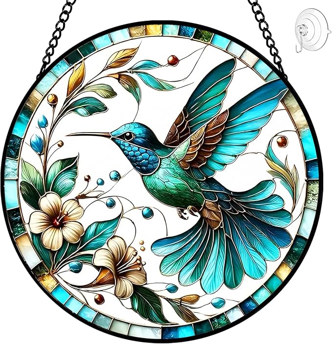 Hummingbird Suncatcher Stained Glass Window Hanging - 8″ Birds Flower Suncatchers for Windows Hanging - Handmade Sun Catchers Wall Decor Glass Panel - Valentines Day Gifts for Mom Grandma Bird Lovers