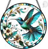 Hummingbird Suncatcher Stained Glass Window Hanging - 8″ Birds Flower Suncatchers for Windows Hanging - Handmade Sun Catchers Wall Decor Glass Panel - Valentines Day Gifts for Mom Grandma Bird Lovers