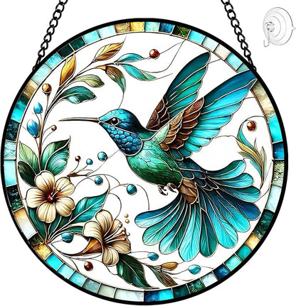 Hummingbird Suncatcher Stained Glass Window Hanging - 8″ Birds Flower Suncatchers for Windows Hanging - Handmade Sun Catchers Wall Decor Glass Panel - Valentines Day Gifts for Mom Grandma Bird Lovers