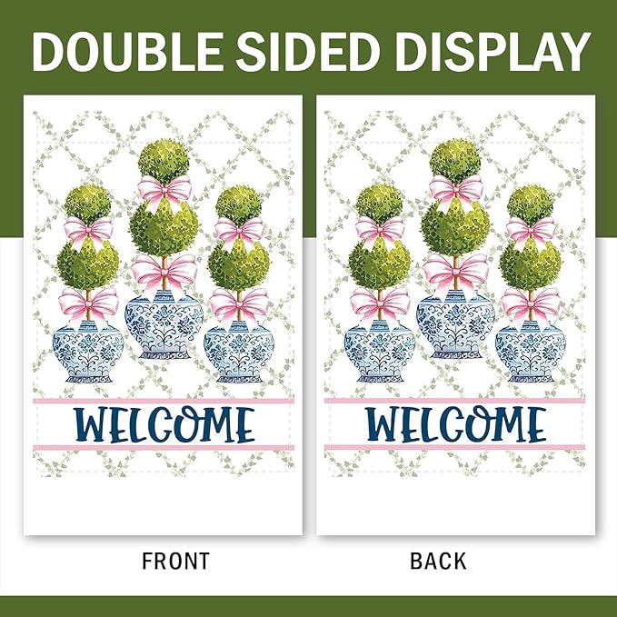 Chinoiserie Topiary Welcome Decorative Garden Flag, Blue and White Porcelain Botanical Small Yard Outside Decorations, Pink Bow Coquette Plant Burlap Outdoor Home Decor Double Sided 12 x 18