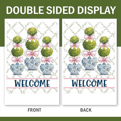 Chinoiserie Topiary Welcome Decorative Garden Flag, Blue and White Porcelain Botanical Small Yard Outside Decorations, Pink Bow Coquette Plant Burlap Outdoor Home Decor Double Sided 12 x 18