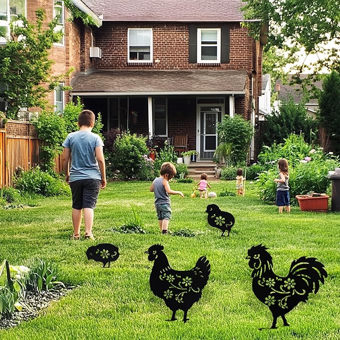 Flohuaer Chicken Metal Decorative Garden Stakes 4pcs Chicken for Women/Men Chicken Lovers Gifts Silhouette Statues for Outside Yard Art Outdoor Patio Lawn Ornaments Garden Decorations