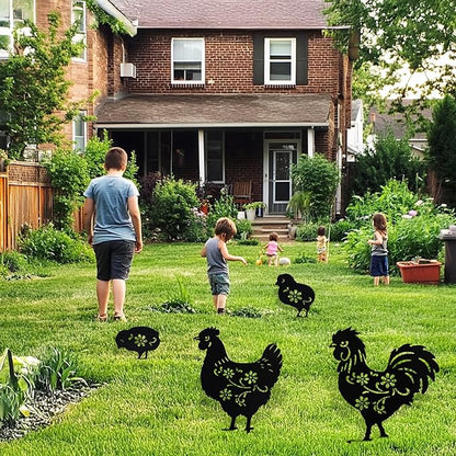 Flohuaer Chicken Metal Decorative Garden Stakes 4pcs Chicken for Women/Men Chicken Lovers Gifts Silhouette Statues for Outside Yard Art Outdoor Patio Lawn Ornaments Garden Decorations