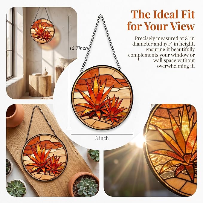 Stained Glass Window Hanging Golden Agave Suncatcher 8 Inch,Agave Plant Glass Art Desert Home Decor, Indoor Outdoor Wall Art, Birthday for Women Men