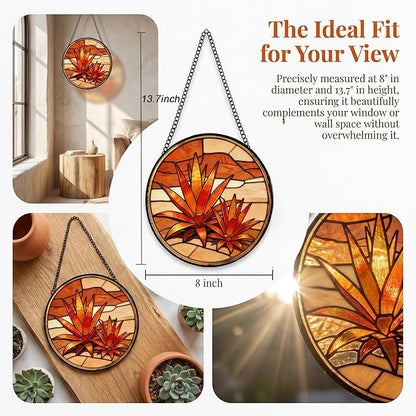 Stained Glass Window Hanging Golden Agave Suncatcher 8 Inch,Agave Plant Glass Art Desert Home Decor, Indoor Outdoor Wall Art, Birthday for Women Men