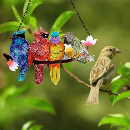 DASTOLL Stained Glass Window Hanging - Large Suncatcher Stained Glass Birds on Branch, Sun Catchers for Indoor Window Doors Room Home Decoration Hummingbird Gifts for Bird Lovers