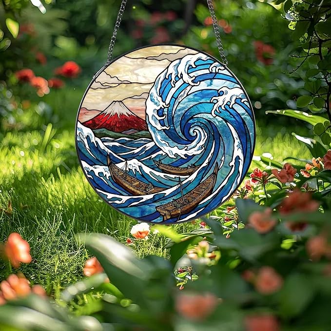 Stained Glass Window Hanging, 8" Round Mount & Great Wave Suncatcher with Metal Chain, Japanese Art Glass Decor for Home Garden, Gift for Mom, Friends, and Family