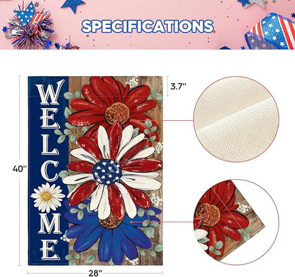 AVOIN colorlife Patriotic 4th of July House Flag 28x40 Inch Double Sided Outside, Floral Welcome Daisy Holiday Yard Outdoor Decoration