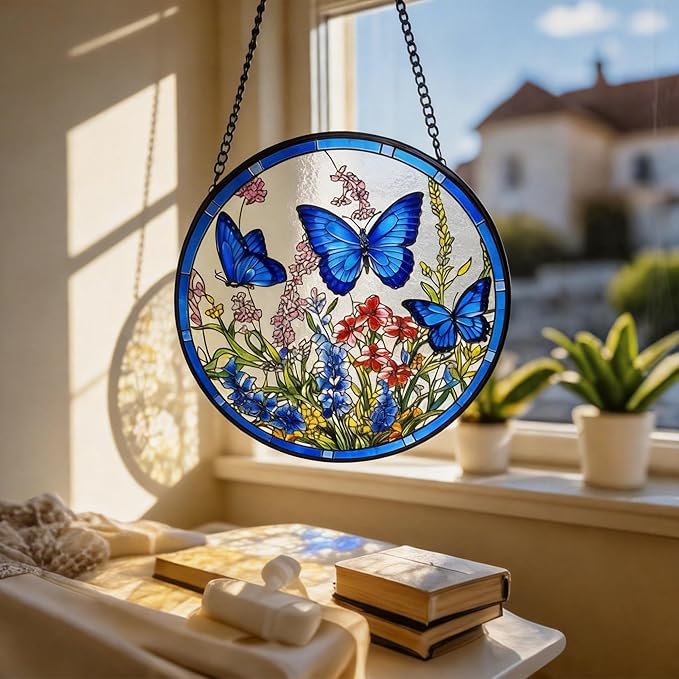 Stained Glass Sun Catcher,ButterflysStained Glass Window Hanging Garden Decor,Sun Catchers Indoor Window,Whimsical Decoration for Home Backyard Patio Lawn Porch with 9.8 INCH