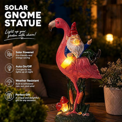Candieslife Funny Garden Gnome Riding Flamingo Statue - Solar Powered LED Light Up Yard Art, Weatherproof Outdoor Lawn Ornament Decor for Patio Porch Lawn, Housewarming Birthday Gift for Men Women
