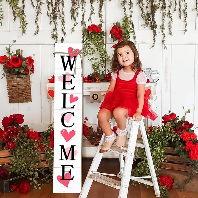 Valentine's Day Wooden Porch Sign 47" Spring Large Welcome Porch Sign for Home Front Door Yard Couple Party Decor (Red)
