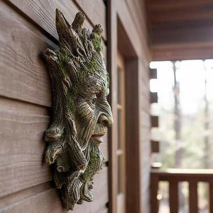 Old Man Tree Face Hugger Outdoor Decor, Handmade Tree Art Resin Statue with Foliage & Root Details, Whimsical Hanging Yard Art for Garden Wall Fence