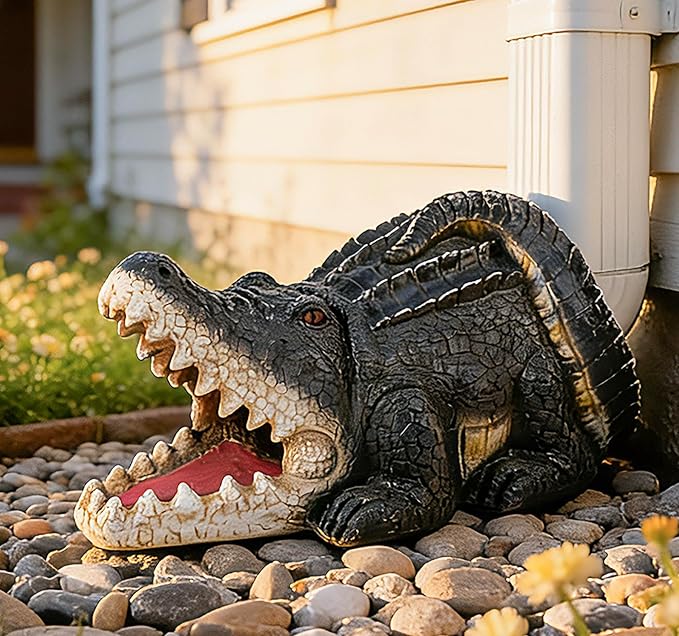 Teaeeno Alligator Decor Statue Gutter Downspout Extension Decorative,Crocodile Gutter Animal Statue Outdoor Decor,3"×4" Rain Gutter Downspout Splash Block,Garden Splash Block Outdoor Sculpture (Black)