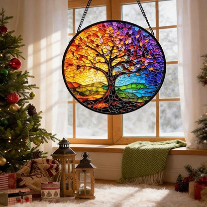 Stained Glass Sun Catcher,Colorful Tree of Life Glass Window Hanging Garden Decor,Sun Catchers Indoor Window,Whimsical Decoration for Home Backyard Patio Lawn Porch with 7.9 INCH
