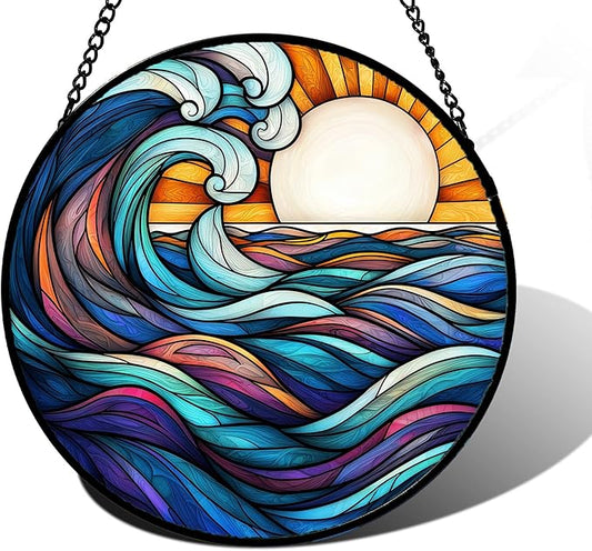 DASTOLL Stained Glass Window Hanging, Big Wave Sun Suncatcher Diamond Glass Panel Hangings Abstract Sun Catchers Decor for Birthday for Women, Men, Wife, Aunt,and Mom 6.3X6.3IN