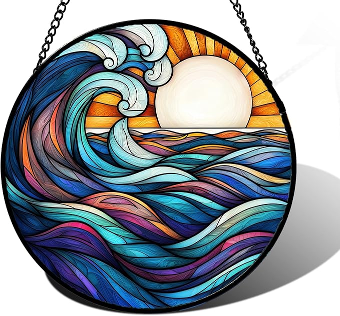 DASTOLL Stained Glass Window Hanging, Big Wave Sun Suncatcher Diamond Glass Panel Hangings Abstract Sun Catchers Decor for Birthday for Women, Men, Wife, Aunt, and Mom 7.8 in