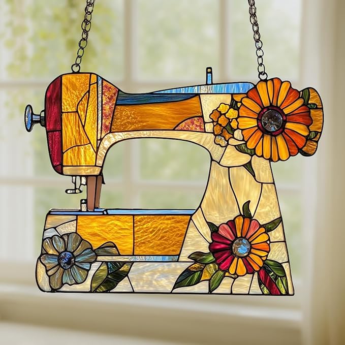 Sewing Machine Acrylic Suncatcher, Boho Suncatchers for Window Hanging Ornament, Stained Glass Effect Indoor Outdoor Garden Decor for Sewing Lover, Gifts for Mother's Day, Mom, Grandma, Wife, Women