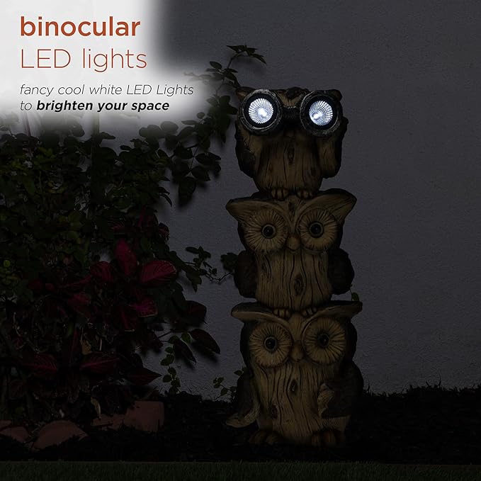 Alpine Corporation 25" Tall Outdoor Solar Powered Binocular Owls Yard Statue with LED Lights