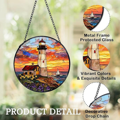 Stained Glass Window Hanging, Ocean Lighthouse Suncatcher for Window Doors Garden Home Decoration, Sunset and Sea Scenery Colorful Glass Panel Ornaments for Women,Men,Wife, Lovers, and Mom 7.8 in