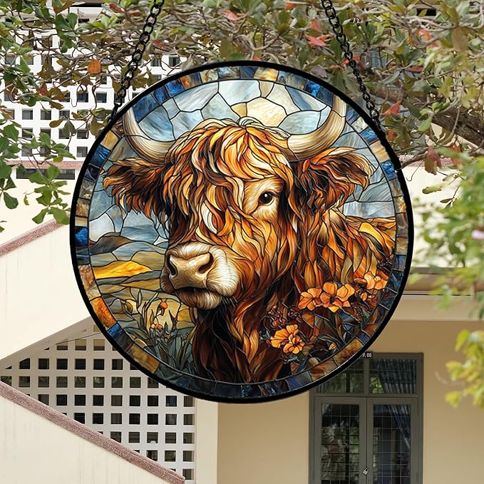 DASTOLL Stained Glass Window Hanging - Funny Cow Flower Suncatcher Ready to Hang Window Doors Home Decoration and Christmas, Mother's Day Birthday Gifts for Women, Men, and Mom 14.9x14.9 in