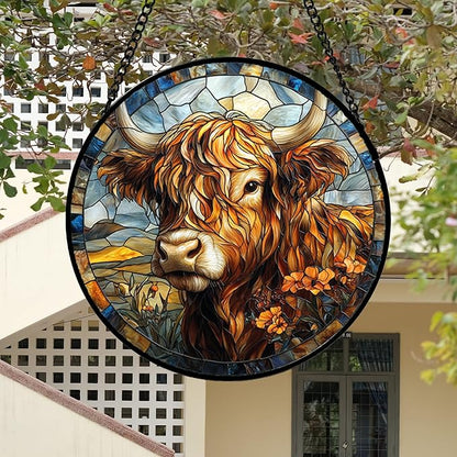 DASTOLL Stained Glass Window Hanging - Funny Cow Flower Suncatcher Ready to Hang Window Doors Home Decoration and Christmas, Mother's Day Birthday Gifts for Women, Men, and Mom 14.9x14.9 in