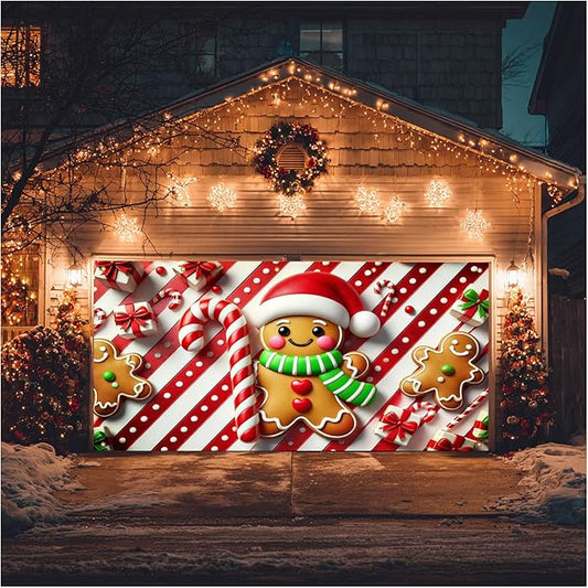 HOMETITUTE Christmas Garage Door Banner 13x6ft Gingerbread Man Candy Cane Theme Backdrop Banners for Outside Inside Winter Door Cover Garage Wall Covering for Party Garage Decorations