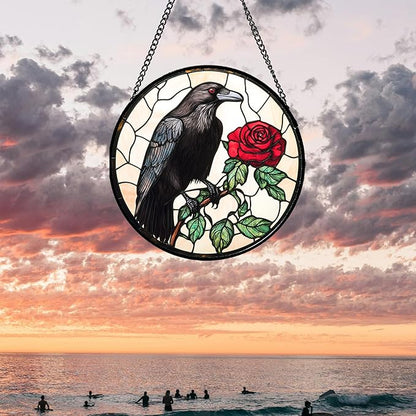 Stained Glass Window Hanging - Black Crow Red Rose Suncatcher for Doors Garden Patio Bird Sun Catchers Decor Christmas Mother's Day Birthday Gifts for Women Men Mom Nana Friend 11.8 in