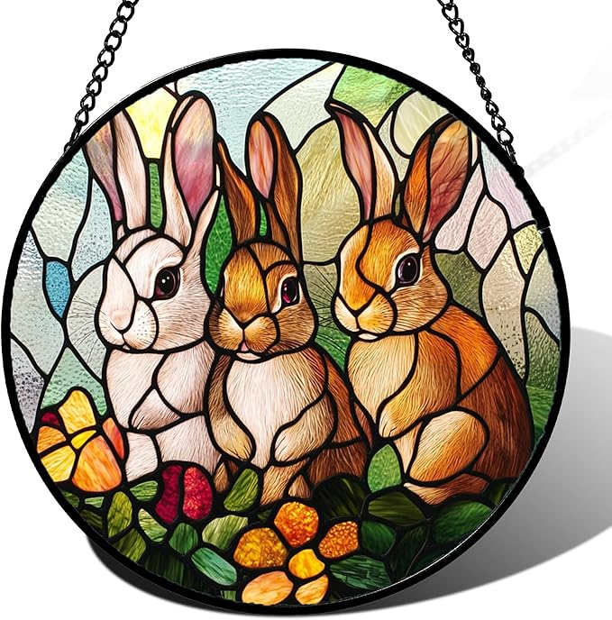 Stained Glass Window Hanging - 3 Cute Rabbits Suncatcher for Doors Garden Patio Bunny Sun Catchers Decor Christmas Mother's Day Birthday Teenager Gifts for Women Men Mom Nana Friend 6.3 in