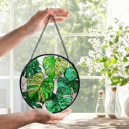 Monstera Leaf Plant Suncatchers Stained Glass Window Hanging, Monstera Decor Sun Catchers Indoor Window Glass Round Wall Decor, Plant Lovers Gifts Wall Hanging Decorations, 7.9x7.9in