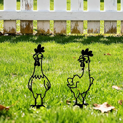 GLOBLELAND 2pcs Cute Cartoon Chicken Mental Garden Stakes Black Silhouette Chickens Decorative Yard Stakes Trees Metal Outdoor Art Decor for Yard Patio Lawn Walkway Ornament