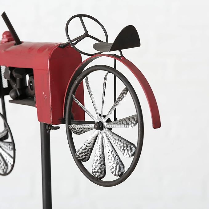 Americana Garden Stake, Red Farm Tractor, Turning Wheels, Vintage Finish, Artisan Crafted, Iron, Hammered Wheel Spoke Details, Single Prong, 51 Inches Tall
