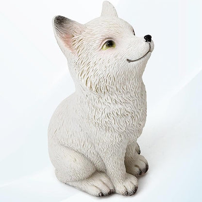 White Fox Figurine - Super Cute Little Sitting Baby Fox Cub Statue, Adorable Resin Sculpture, Decorative Polyresin Animal Ornament, Tabletop Décor for Outdoor Garden Patio Lawn Yard Pool Potted Plant