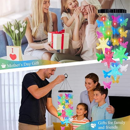 Solar Wind Chimes for Outside, Solar Powered LED Wind Chime with Butterfly, Waterproof Outdoor Decorative Wind Chime with 2 Light Modes for Patio, Garden, Yard, Porch, Gift for Grandma Mom Women Grils