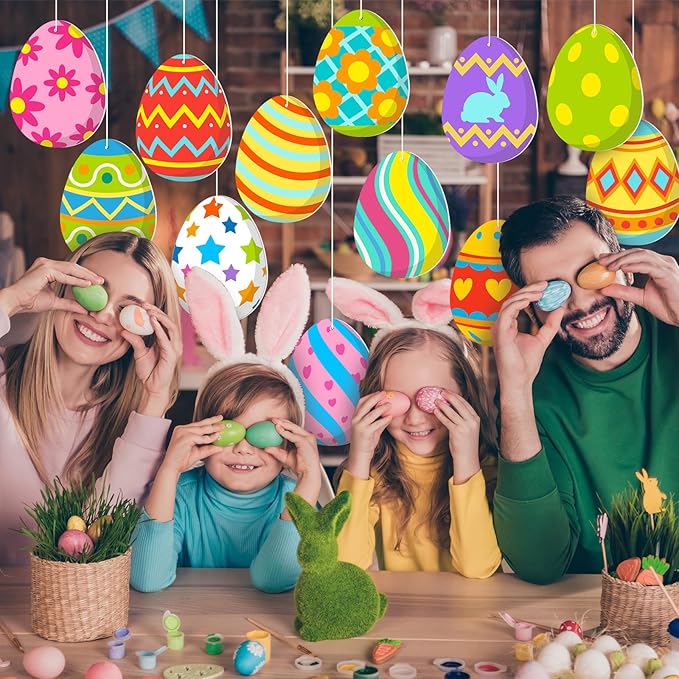 Ferraycle 16 Pcs Easter Decorations Outdoor Easter Eggs Hanging Yard Signs 7.9 Inch Large Colorful Egg Shaped Double Sided Plastic Slices Ornaments for Tree Porch Yard Outside Party Decor(Floral Egg)