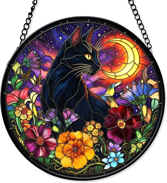 7.8" Black Cat Suncatcher Stained Glass Hanging Window Halloween Sun Catcher Gothic Ornaments Wall Art Home Room Kitchen Garden Decor Birthday for Women Men Cats Lovers