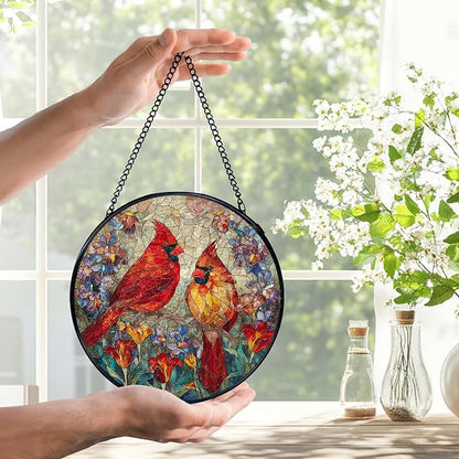 Cardinal Suncatchers Stained Glass Window Hanging, Cardinal Gifts for Women,Red Flower Sun Catchers Indoor Window Glass Round Wall Decor, 7.9x7.9in