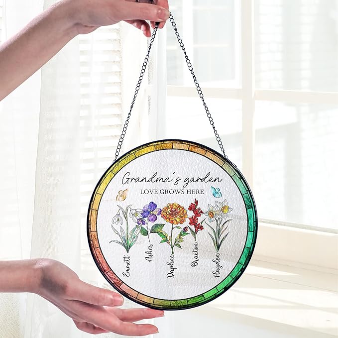 Personalized Grandma’s Garden Stained Glass Window Hanging Ornament, Custom Birth Month Flowers with Kids’ Names, Grandma Love Grows Here Floral Art Decoration, for Mom Grandma/1