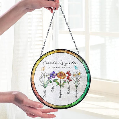 Personalized Grandma’s Garden Stained Glass Window Hanging Ornament, Custom Birth Month Flowers with Kids’ Names, Grandma Love Grows Here Floral Art Decoration, for Mom Grandma/1